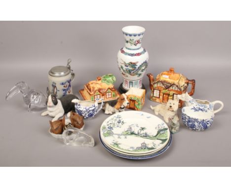 A group of mixed ceramics and glass to include Royal Worcester Crown ware The Dance of the Celestial Dragon vase, cottage war