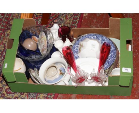 A box of miscellaneous ceramics and glass to include Shelley, Royal Worcester, cranberry spill vases etc.