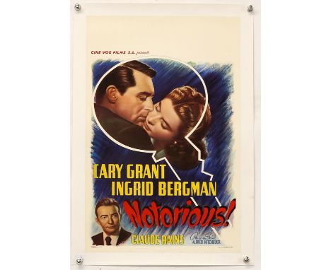 Notorious (R-1950's) Belgian film poster, directed by Alfred Hitchcock and starring Cary Grant and Ingrid Bergman, linen back