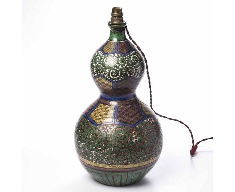 19TH CENTURY JAPANESE POTTERY DOUBLE GOURD VASE
in green, brown, yellow and blue, adapted to a lamp, 45cm high 

