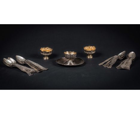 Lot of silver objects bearing the tughra of Sultan Mahmud II (r. 1808 - 1839) twenty three silver spoons, three zarfs, one wi