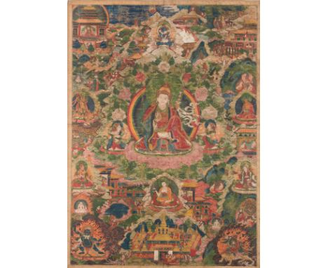 Thangka depicting PadmasambavaTibet, 18th century. . Cm 51,00 x 67,00. Big painting on cotton, made with natural pigments and