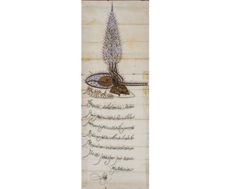 An illuminated firman bearing the tughra of Sultan Mahmud I (r.1730-1754)Ottoman Turkey, 18th century . . Cm 20,00 x 56,50. T