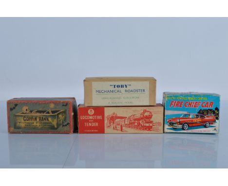 A mixed lot of boxed tinplate models, including Chad Valley Locomotive and Tender, Coffin Bank, Toby Mechanical Roadster and 