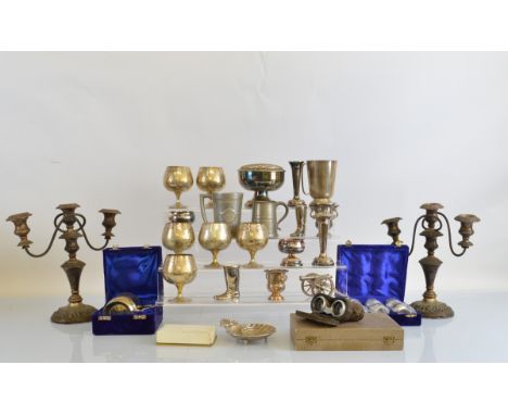 A good collection of assorted metalware, mostly silver plate including a pair of Victorian candelabra, tankards, goblets, vas