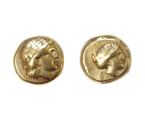 Ancient coins, Greek, Lesbos, Mytilene, ca 377-326 BCE, Electrum hekte, laureate head of Apollo r., rev. head of Artemis righ