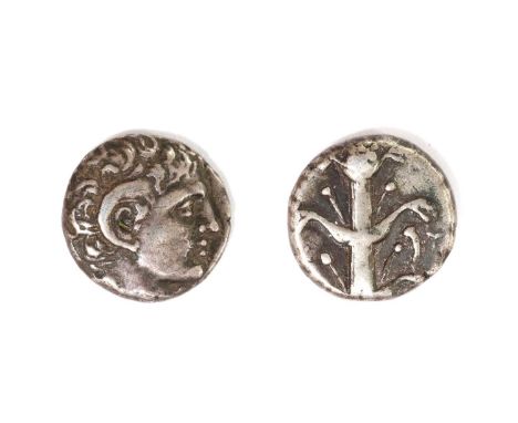 Ancient coins, Greece, Cyrene Cyrenaica, Didrachm, circa 308-277 BCE, obv. head of Apollo Karneios r., rev. sylphium plant, a