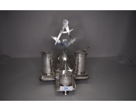 A fine Masonic condiment or sauce set with trowel and calliper design