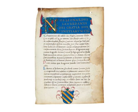 Opening leaf of a finely illuminated Venetian ducal commission appointing Aloysius Contarenus to office, in Latin, manuscript