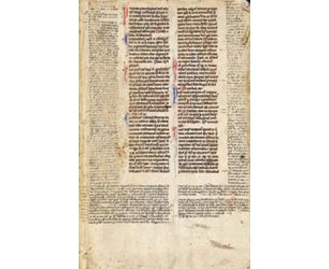 Ɵ Bifolium from a Gratian, Decretum, in Latin, decorated manuscript on parchment, in situ on the binding of an early eighteen