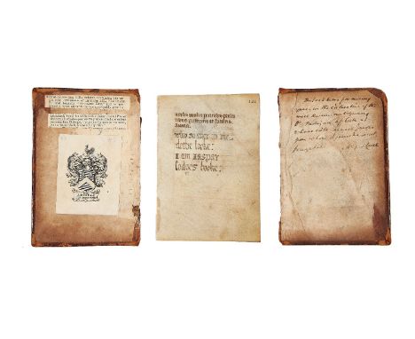 The last leaf from a Book of Hours with Tudor English ownership inscription in verse, and the front and back boards from its 