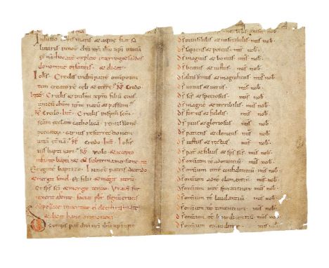 Bifolium from a Ritual, with parts of rites for baptism and penitence, in Latin, from a decorated manuscript on parchment [no