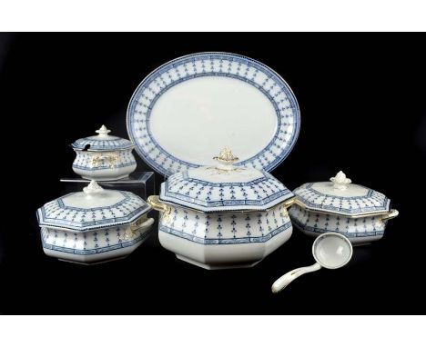 Four Losol ware octagonal tureens and covers, in pompadour pattern: a sauce tureen and ladle and a meat plate conforming, 29c