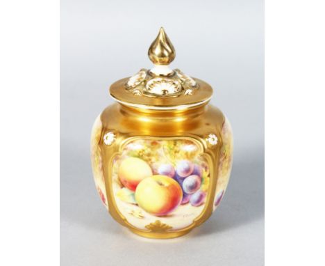 A FINE ROYAL WORCESTER POTPOURRI AND COVER painted with fruit by P. Platts, signed, black mark.