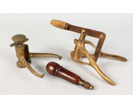 TWO WOODEN AND BRASS LOADERS and AN EARLY MULTI-TOOL (3).