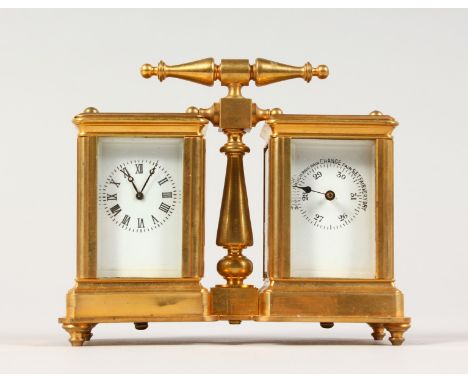 A MINIATURE COMBINATION CARRIAGE CLOCK AND BAROMETER. 5ins wide x 4ins high.