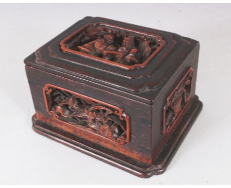AN UNUSUAL GOOD QUALITY 19TH CENTURY CHINESE RECTANGULAR CARVED WOOD BOX &amp; COVER, the sides with pierced panels carved to