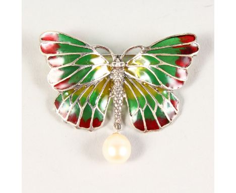 A SILVER AND PLIQUE JOUR ENAMEL BUTTERFLY BROOCH.