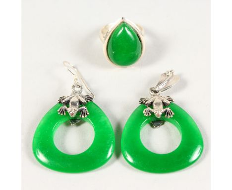 A PAIR OF SILVER AND JADE EARRINGS, and similar ring.