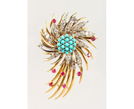 A VERY GOOD 18CT GOLD, DIAMOND, RUBY AND TURQUOISE SPRAY BROOCH.