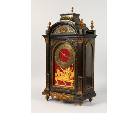 AN 18TH CENTURY FRENCH INLAID BRACKET CLOCK, with eight-day movement, with two hammers, the case with brass unlay and finials