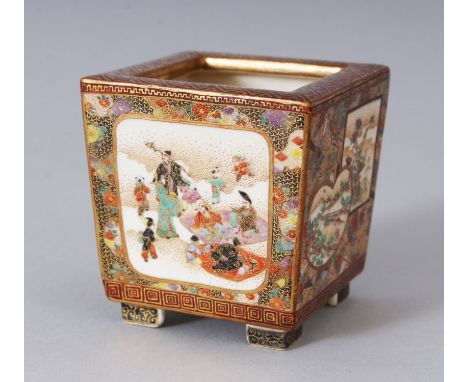 A VERY GOOD KINKOZAN SQUARE SECTION POT ON BRACKET FEET by KEIZAN, painted reverse panels of many figures, the other two with