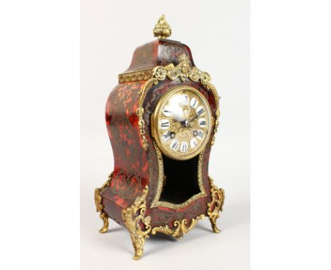 A GOOD SMALL FRENCH BOULLE BRACKET CLOCK, with brass inlay on red tortoiseshell, ormolu mounts, striking on a single bell. 12