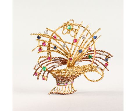 A VERY GOOD EDWARDIAN GOLD, DIAMOND, RUBY AND EMERALD SET BASKET BROOCH.