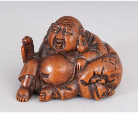 A JAPANESE CARVED WOOD ""HOTEI"" NETSUKE.