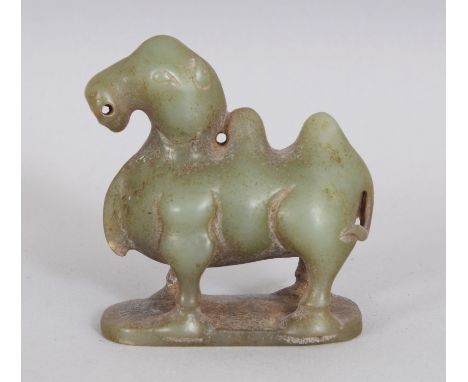 A CHINESE CELADON JADE-LIKE MODEL OF A CAMEL, 2.5in long &amp; 2.75in high.