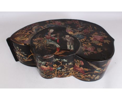 AN UNUSUAL GOOD EARLY 19TH CENTURY SHAPED LACQUER BOX &amp; COVER, the cover well painted with a peach shaped panel of a seat