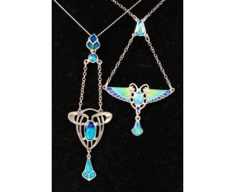 TWO SILVER AND ENAMEL ART NOUVEAU STYLE PENDANT AND CHAINS.