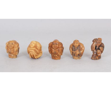 A GROUP OF FIVE JAPANESE CARVED FIGURAL NETSUKE. Each 1.5ins high.