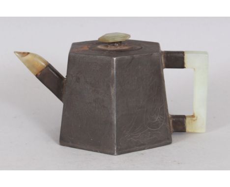 AN UNUSUAL EARLY 20TH CENTURY CHINESE HEXAGONAL SECTION PEWTER OVERLAID YIXING POTTERY TEAPOT &amp; COVER, with celadon jade-