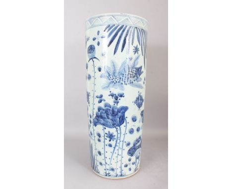 A LARGE CHINESE BLUE AND WHITE STICK STAND, decorated with fish. 26ins high.