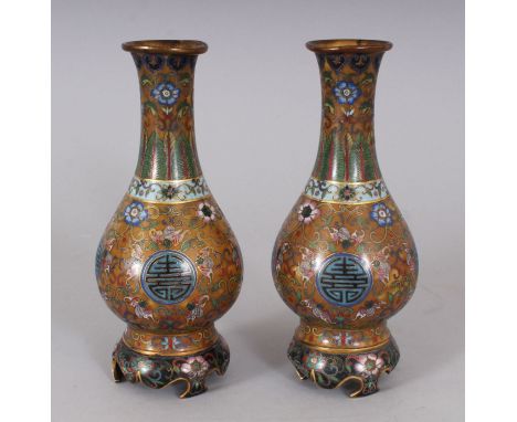 A GOOD PAIR OF CLOISONNE ENAMEL VASES. 6.5ins high.