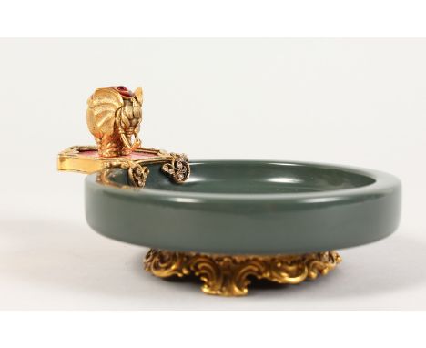 A GOOD RUSSIAN SILVER GILT, ENAMEL AND JADEITE DISH, the handle with pink enamel panel, set with diamonds and mounted with an