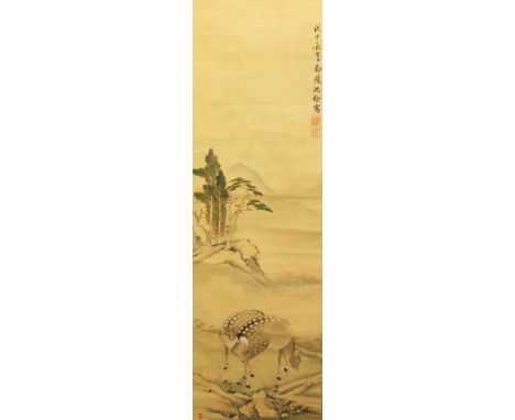 A GOOD QUALITY CHINESE HANGING SCROLL PAINTING ON SILK, with polished bone end pieces, depicting two well painted deer in a m