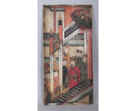 A GOOD UNUSUAL 19TH/20TH CENTURY CHINESE PAINTED RECTANGULAR SOAPSTONE PANEL, decorated to one side with a terrace scene of a