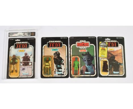 Kenner Star Wars resealed Jawa 65A, Greedo ESB 32B, damaged bubble Nikto ROTJ 79A & damaged graded Weequay 77A. Condition var