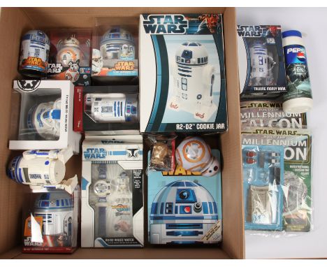 Quantity of Star Wars R2-D2 Related collectibles, including Ceramic Cookie jar, Whizz Watch with sealed BB-8 Rip and Go in mi