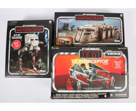 Hasbro Star Wars Vintage Collection opened Tie Interceptor, Imperial Troop Transport, AT-ST Raider. Condition good to good pl