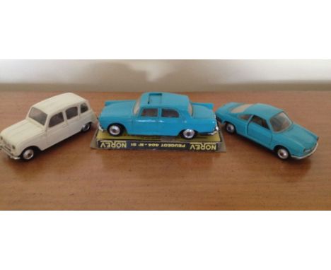 3 unboxed Norev 1:43 scale cars: 1) '73 Coupe Simca 1000. 2) #53 Renault 4L. 3) #51 Peugeot 404 with part box.