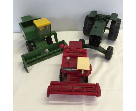 3 farm machinery vehicles: 1) A 1978 Britains Massey-Ferguson combine harvester. 2) A Tonka green painted tractor. 3) An Ertl