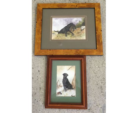 2 framed and glazed watercolours of black labrador dogs in hunting scenes. Both signed J. Houchen. Largest frame size 34 x 29
