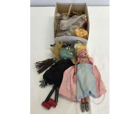 2 Pelham Puppets in need of restoration, Witch and Fairy. Togethet with a box of string puppet accessories.