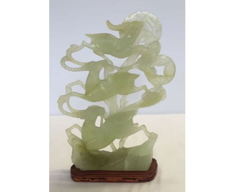 A large jade carving of 3 deer, 30cm tall (exc wooden base)