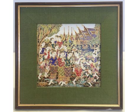 A Thai/Burmese framed ceramic tile with handpainted scene, frame size approx 30 x 30 cm.