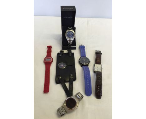 6 watches to include a 1970s Beta (Macy's) digital watch, a Timex Indigo watch, a Diesel leather cuff strap watch, a boxed Se