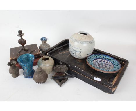 Mixed works of art, including a Chinese black lacquered and gilded tray AF, Chinese blue and white ginger jar, a Middle Easte